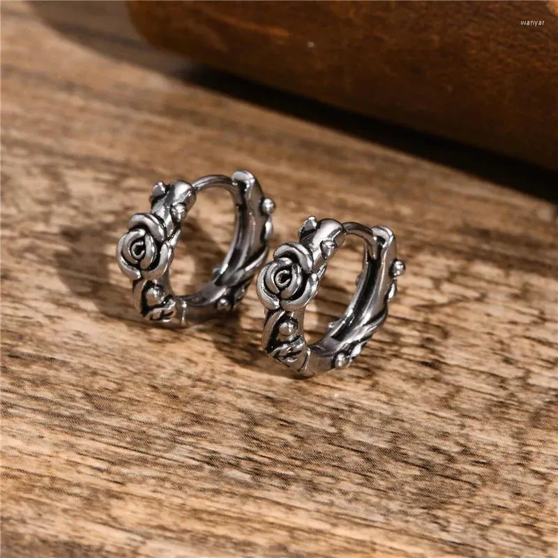 Hoop Earrings KOTiK Retro Rose For Men Silver Color Vintage Stainless Steel Stylish Flower Huggies Ear Jewelry Gifts