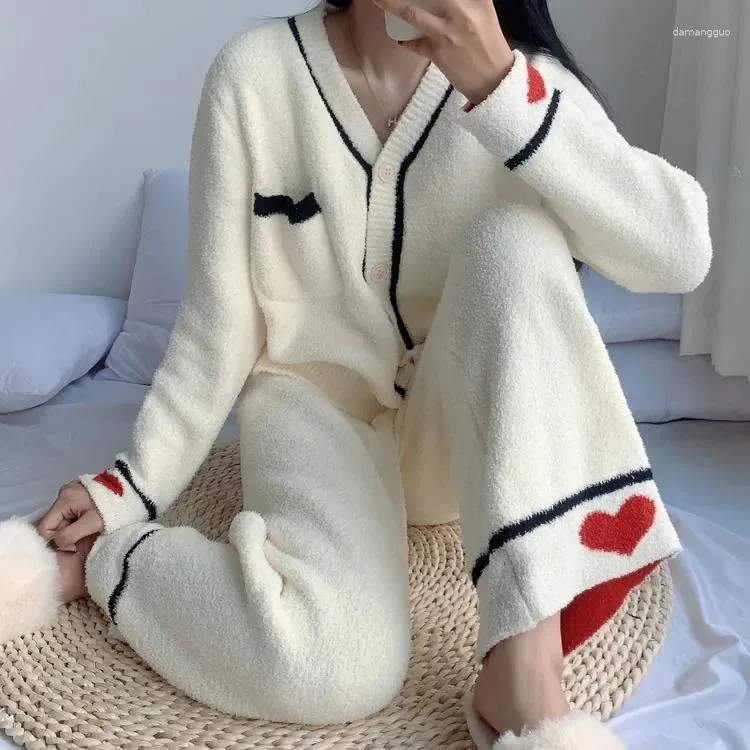 Dames slaapkleding winter loungewear vrouwen lange mouw koraal fleece dames pyjama set solide love print single breasted v nek huiskleding voor