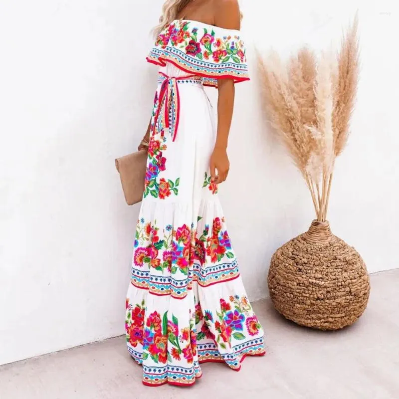 Casual Dresses Summer Dress 2 Färger Lång National Style Cool Elegant Women Floral Print Slim