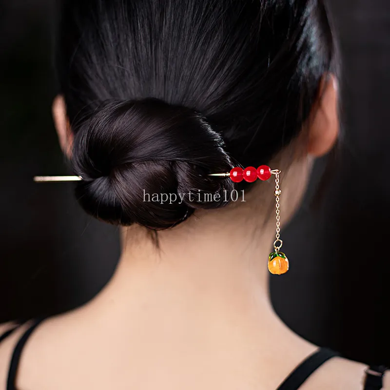 Chinese Style Persimmon Tassel Hair Stick For Women Metal Glaze Hair Fork Fruit Pendant Chopsticks Hairpin Hair Accessories