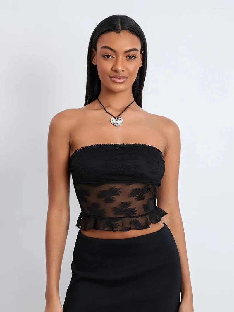 Tanks de mujeres para mujeres S Y2K Tube Top sin tirantes Floral Bandeau Tops Sexy Sheer Mesh Chaleco Streetwear