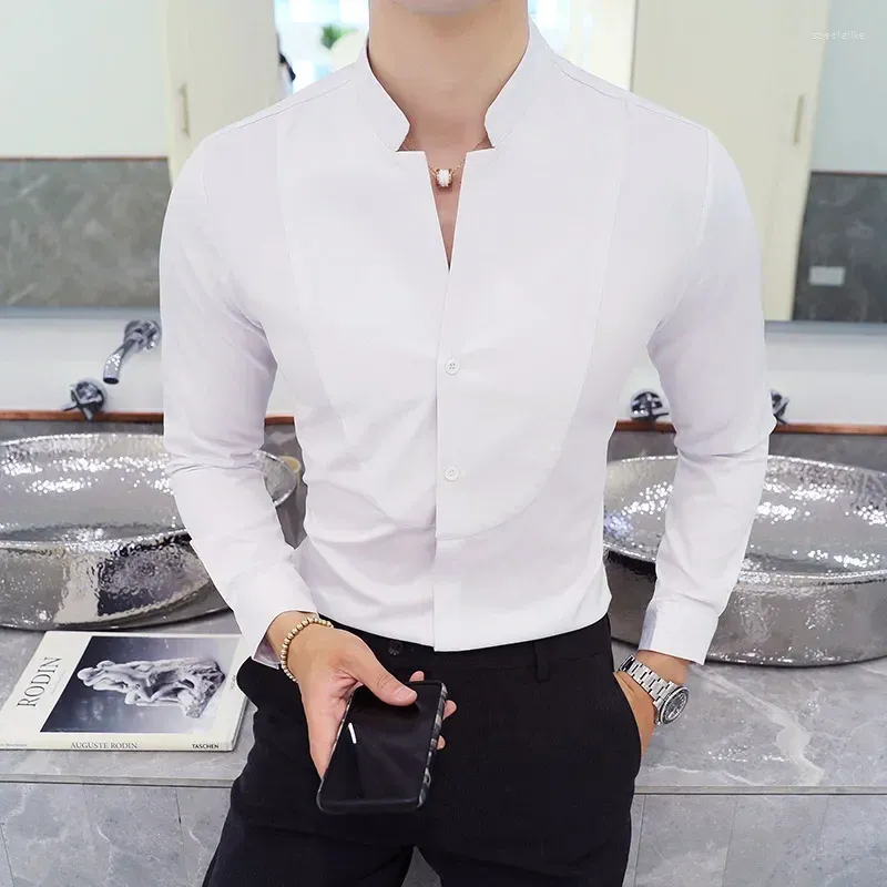 Casual shirts voor heren 2023 Formeel werkhemd Solid V-Neck Slim Fit Fashion Hoge kwaliteit Business El Attendant Four Seasons White