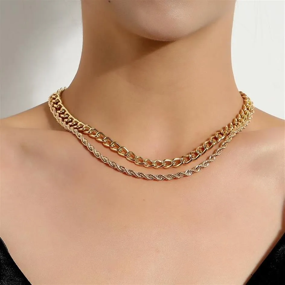 Correntes punk vintage punk multicamada pendente de gargantilha de metal link colars de corrente para mulheres joias de moda de colar de coloração de prata dourada 2585