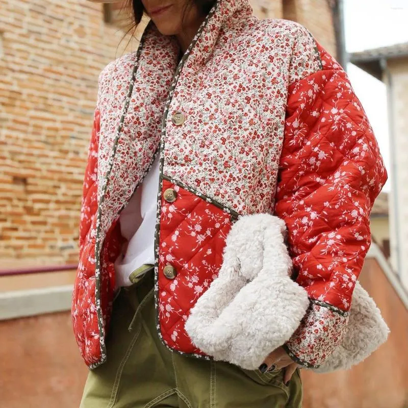 Casacos de trincheira feminina Casaco floral emendado para mulheres algodão de inverno na manga longa de jaqueta acolchoada quente e acolchoada