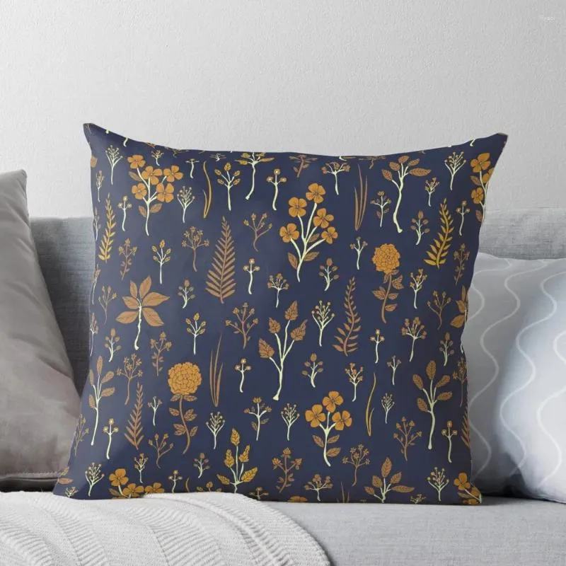 Travesseiro azul marinho mostarda amarela padrão floral arremesso de sala de decoração de itens de sofás