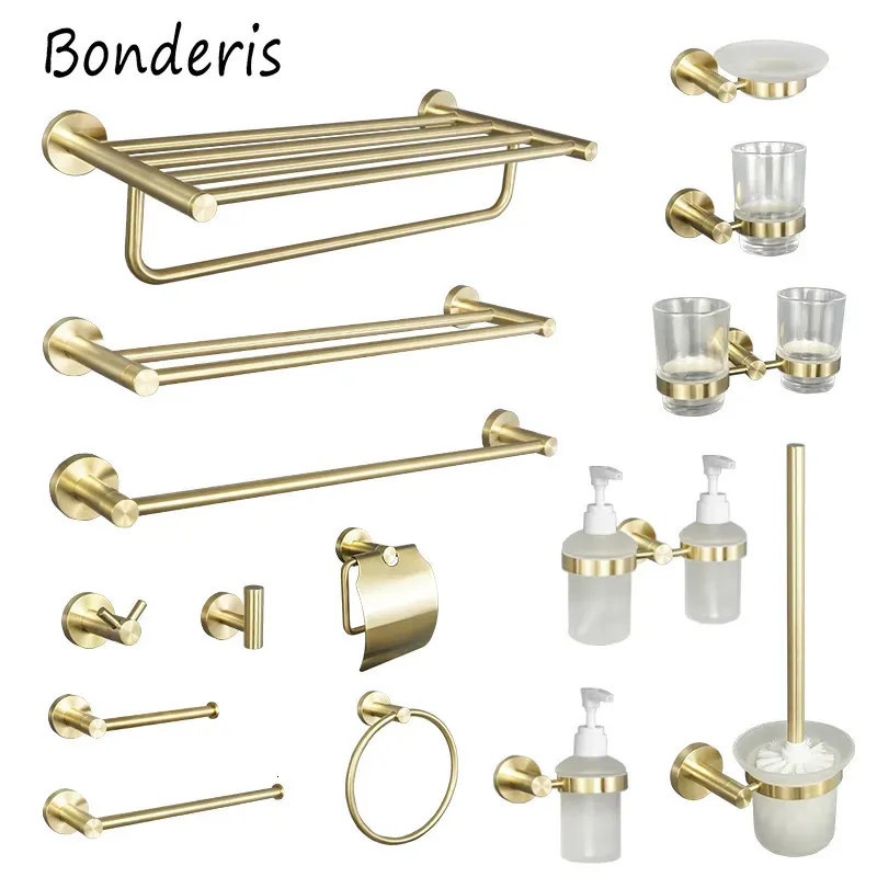 Acessórios para banheiros de ouro escovados Pusher de escova de vaso sanitário portador de papel Towel Ring Shelf Roushel Ganch Soop Dispenser Cup Solder 231222