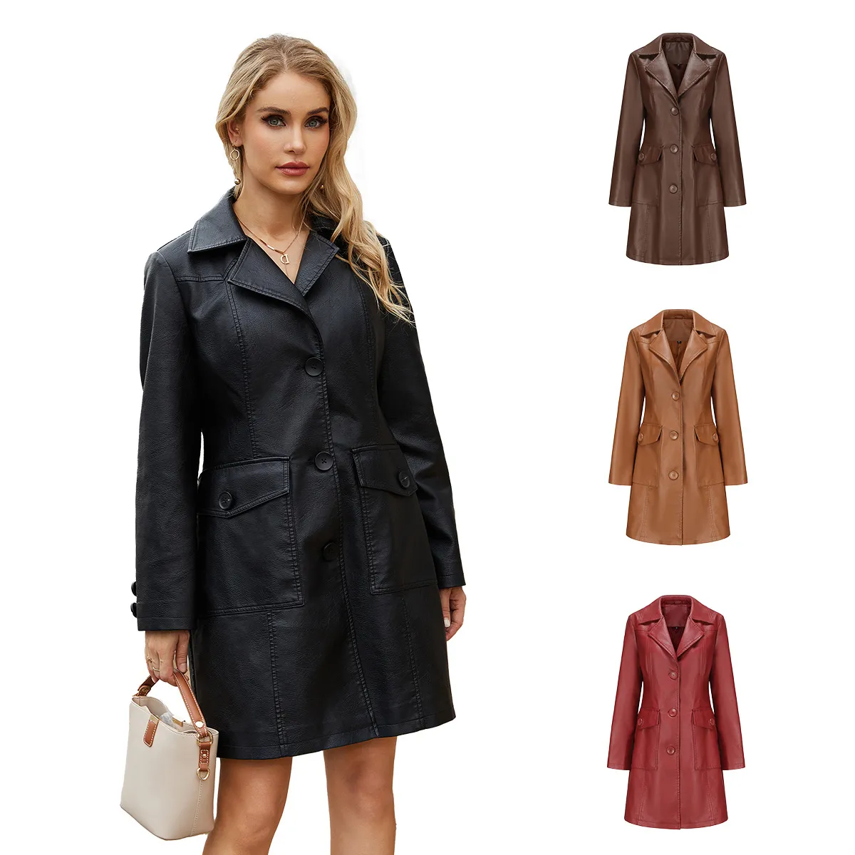 0C 416M39 PALLaS European and American Long Women's Leather Faux Clothes Long Sleeved Windbreaker Fashionable British Coat Flip Collar Single Breasted