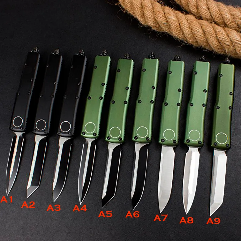 Nieuwe Micro Tech UT85 (A14) OTF Auto Knife 2.952 "D2 Steel Blade, aluminiumlegering, camping Outdoor Tactical Combat Zelfverdedigingsmessen EDC Pocket Tool UT88