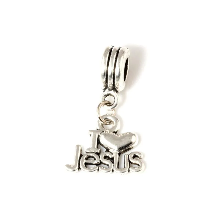 MIC 50pcs lot Dangle Ancient silver I Love Jesus Religious Charm Big Hole Beads Fit European Charm Bracelet Jewelry 2244d