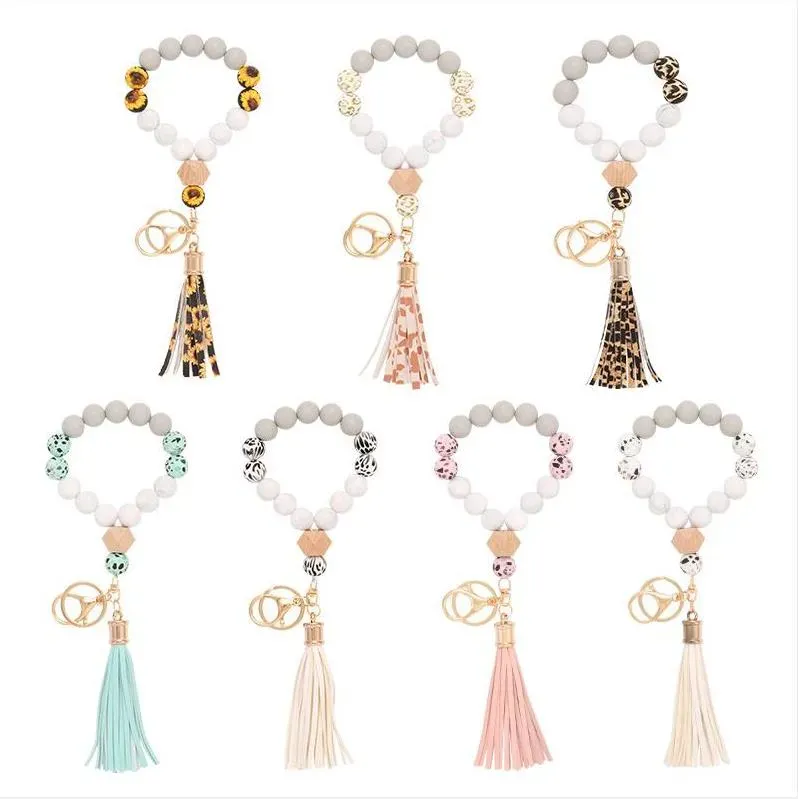 Silicone Bead Bracelet Female Tassel Key Chain Party Favor Pendant Bracelets Rubber Wristband Fashion Keychain Wristlet Bangles Holder BJ