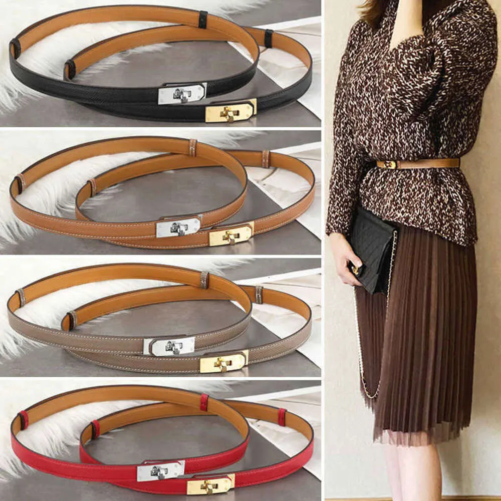 Womens Genuine Leather Designer Belt With Lock Catch Thin Waistband For Dress, Jeans & Suits