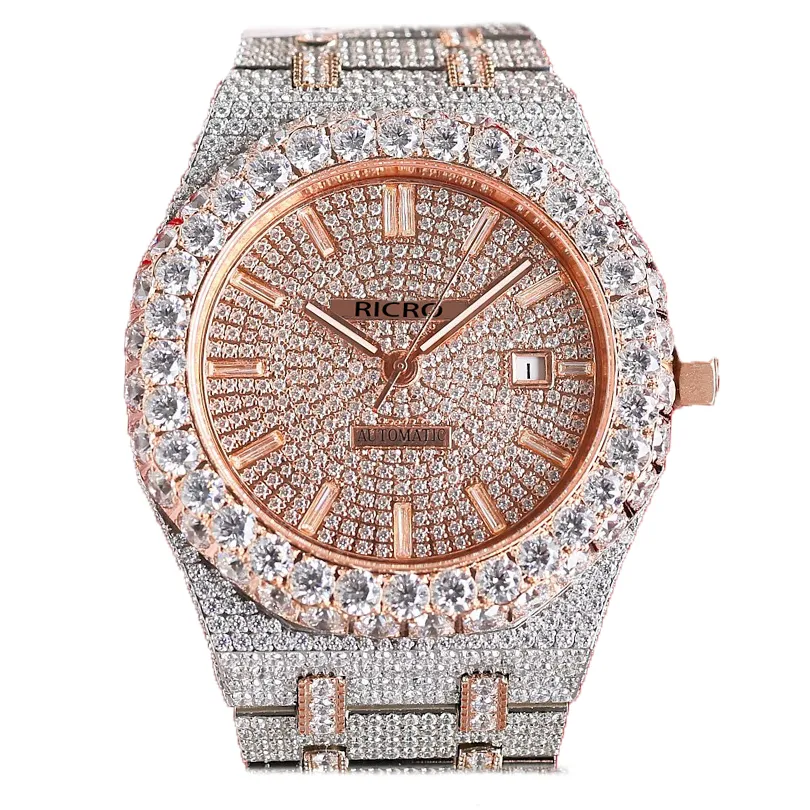 Principal de luxo de luxo Gold rosa e prata Double Double Stonless Case de diamante de diamante movimentação mecânica automática fivela de arco de 42 mm Ricro