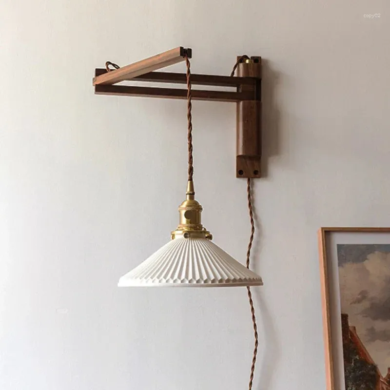 Lampa ścienna japońska vintage cicha, wymobiona składana sypialnia Bedear Bezprzewodowe zdejmowane drewniane ramion ramion ramion