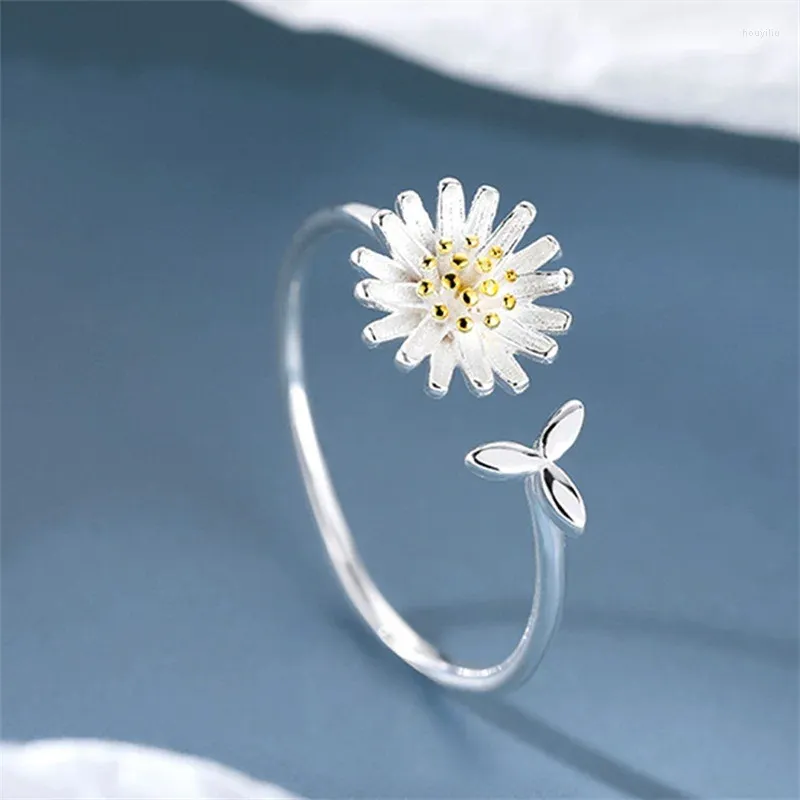 クラスターリングVentfille 925 Sterling Silver Simple Plant Minimalist Golden Flower Daisy Adactable Ring for Girls Ladies Leave