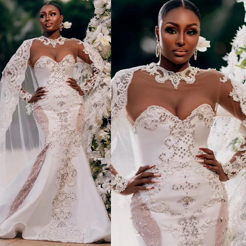 2024 African Arabic Aso Ebi Wedding Dresses Sheer Neck Long Sleeves Elegant Illusion Lace Beaded Mermaid Bridal Gowns for Bride Gorgeous Tiered Tulle Dress D082