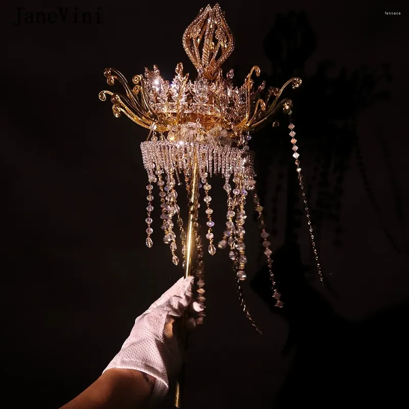 Flores de casamento Janevini 2023 Coroas de cetro brilhante coroas com miçangas de luxo Buquetes de ouro de cristal manutenção de mão de noiva artificial