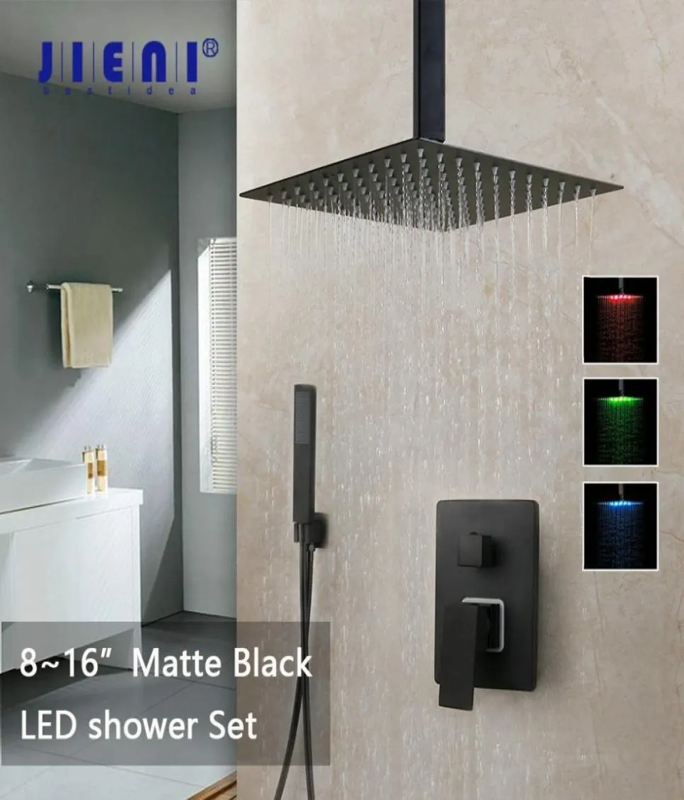 JIENI 8 12 16 Inch Black Bathroom Shower Faucet Set Ceiling Mount Black LED Shower Head Mixer Tap W Rainfall Shower Faucets Set L4150852