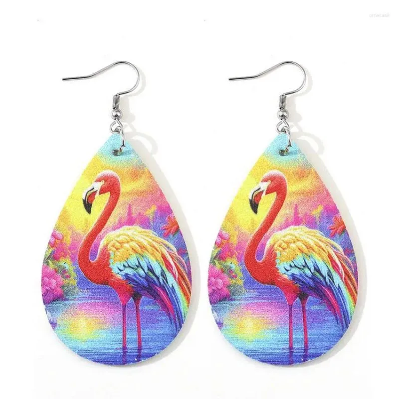 Kolczyki Dangle Multicolor Flamingo skórzane łza dla kobiet w stylu boho hak ze stali nierdzewnej hurtowa biżuteria hurtowa