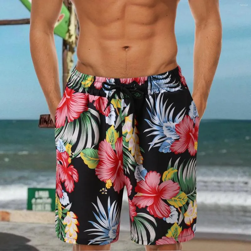 Short masculin Men Summer Pant court imprimé linéaire Pocket Pocket Board Casual Beach Fashion Coton Coton Élastique