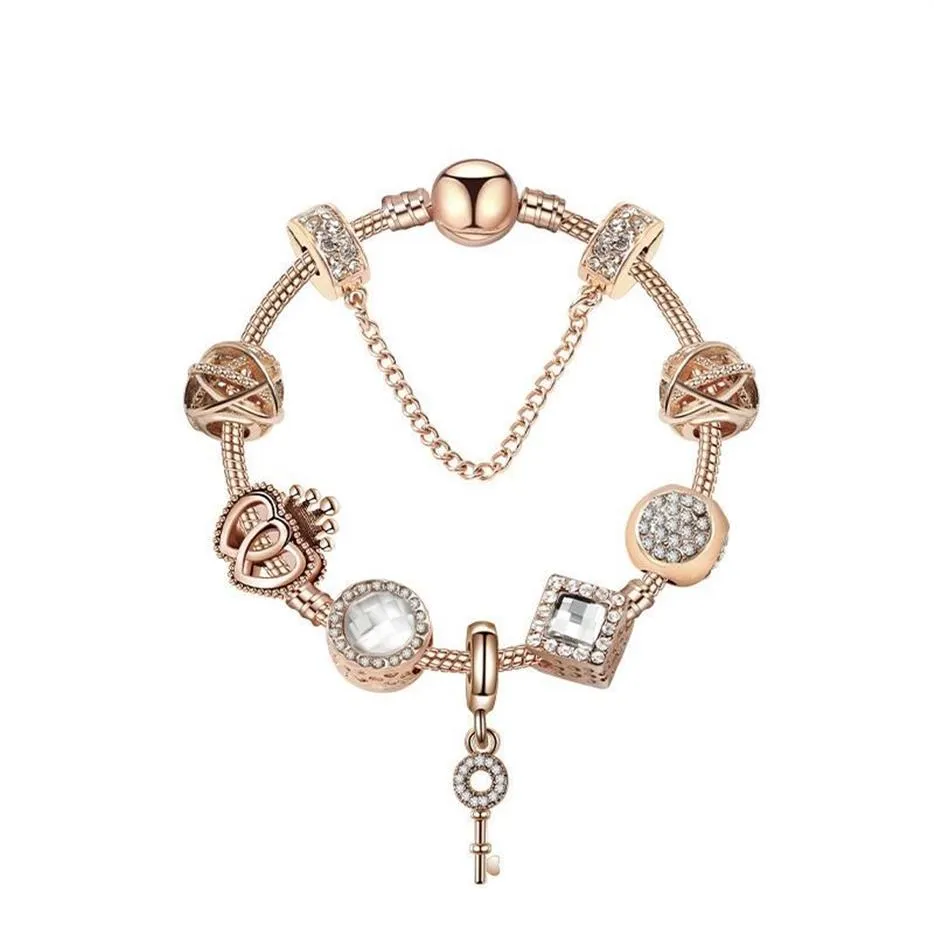 Original Pandoras 925 Silver Rose Gold Crystal Lock Pendant Bracelet DIY Beads Charm Safety Chain Bracelets Jewelry Holiday Gift277K