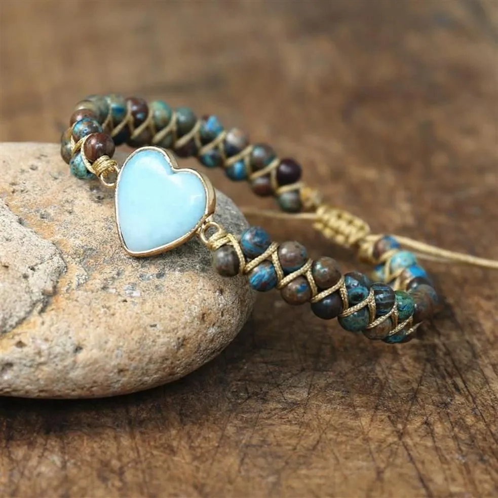 Amazonite Heart Shape Blue Crazy Lace Agates Braided Bangle Friendship Charm Wrap Bracelet Women Men Handmade Jewelry236E