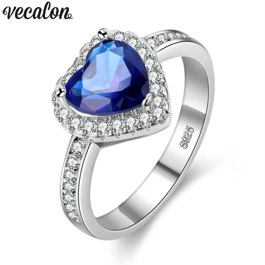 Vecalon Fashion Female Ring Heart Blue Diamonique CZ Stone 925 Silver Filled Engagement Wedding Band Ring for Women Gift262i