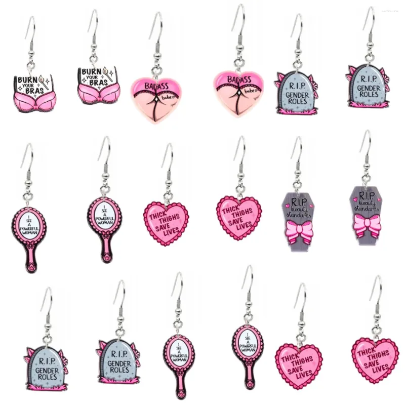 Boucles d'oreilles en peluche époxy irrégulière pour femmes r.i.p soutien-gorge rose miroir puissante femme acrylique charme de charme