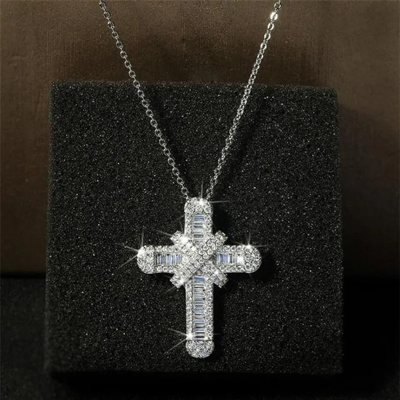 Hip Hop Vintage Fashion Jewelry 925 Sterling Silver Cross Pendant Jesus Pave White Sapphire Cz Diamond Women ClaVicle Necklace Wit242m