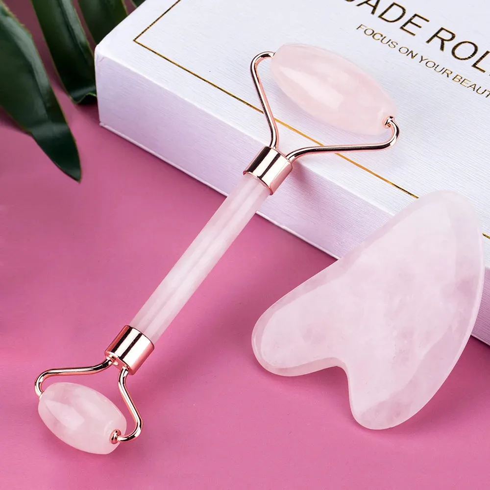 Masaje de cara Jade Roller Rose Quartz Natural Stone Gua Sha Slimmer Leving Arrugas Doble Chin Belleza Herramientas de adelgazamiento 2312222