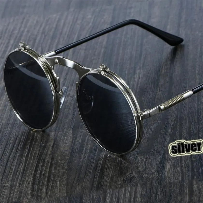 Óculos de sol steampunk redondo homens homens metal metal vintage filp circular lente dupla de sol de óculos de sol tons círculos gafas de sol uv400sun208s