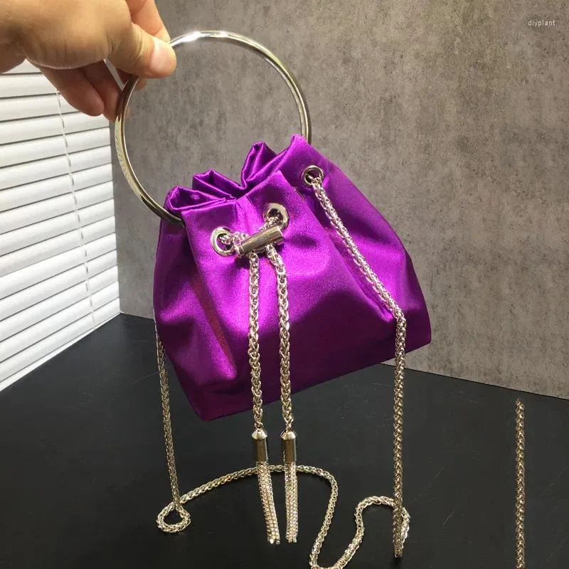 Kvällspåsar 2024 Ladies Satin Silk Pink Purple Handbag Mini Drawstring Bucket Bag For Women Chain Shoulder Crossbody