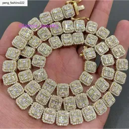 Fully Iced Out Baguette Round Cut Vvs Moissanite Diamond Cluster Tennis Chain 925 Silver Round Baguette Rectangle Link Necklace