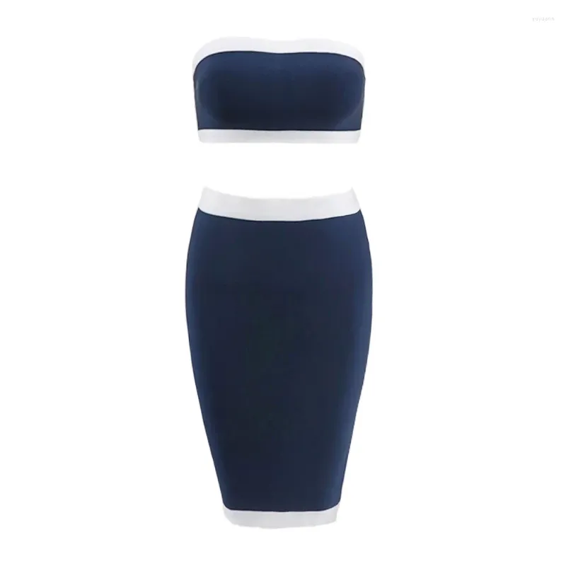 Casual Dresses Fashion Sexy Strapless Navy Blue With White Two Pieces Wholesale Women Celebrity Bandage Dress Set