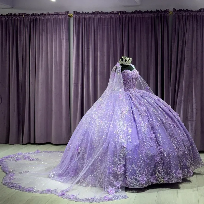 Mexico lavendel van de schouder Quinceanera -jurk voor meisje kralen applique 3dflowers verjaardagsfeestjes jurken prom jurken zoet 16