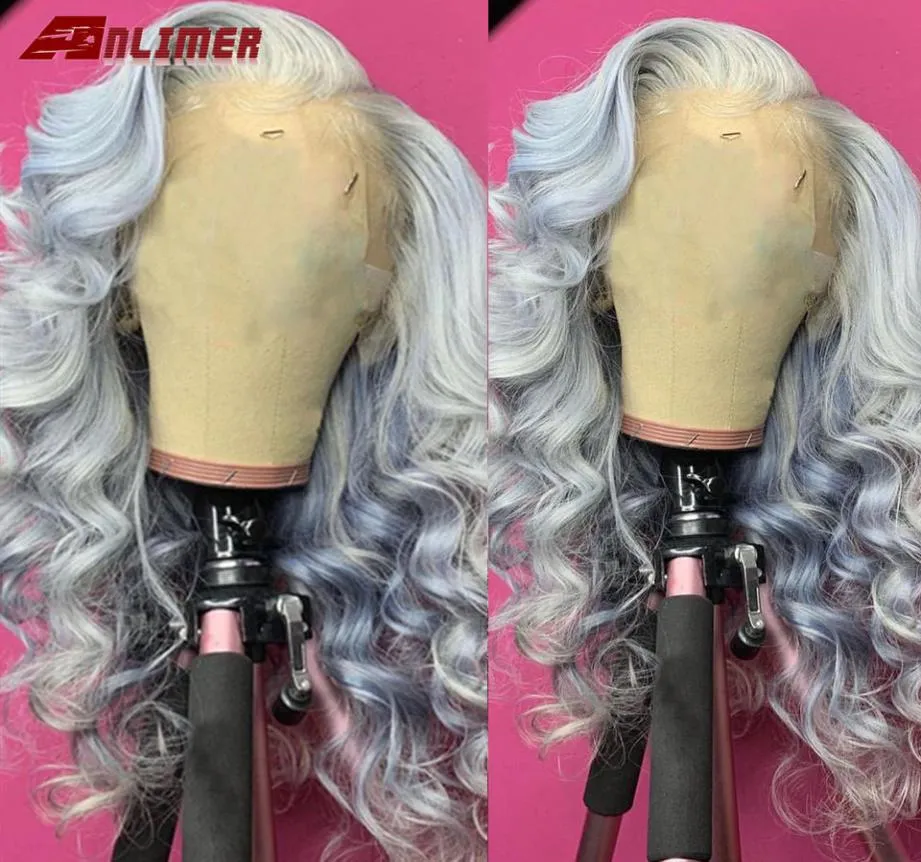 Long Wavy Grey Wig preplusted 13x4 Lace de encaje sintético Simulación de la peluca delantera Resistente al calor del cabello humano para mujeres8039793