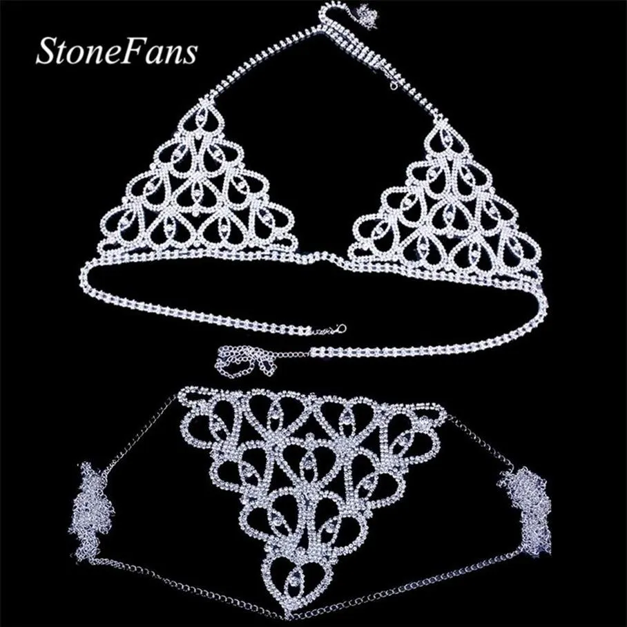 Stonefans Women Sexy Heart Rhinestone Bra Body Body Łańcuch klatki piersiowej Akcesoria kryształowe biżuteria przezroczyste stringi majtki bieliznę T22932