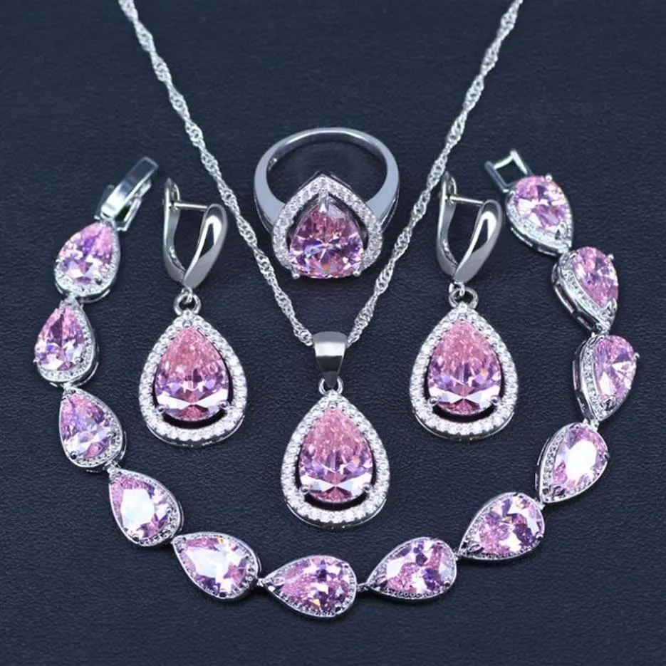 Orecchini Collana promozione rosa zircone cubico goccia d'argento color gioielli set di gioielli braccialetti257j