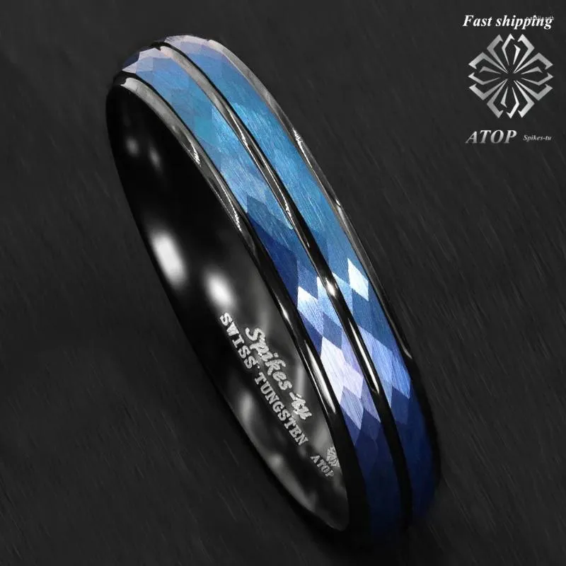 Avec des pierres latérales 6 mm bleu noir brossé cutané tungstène tungstène hommes bande nuptiale au sommet des bijoux