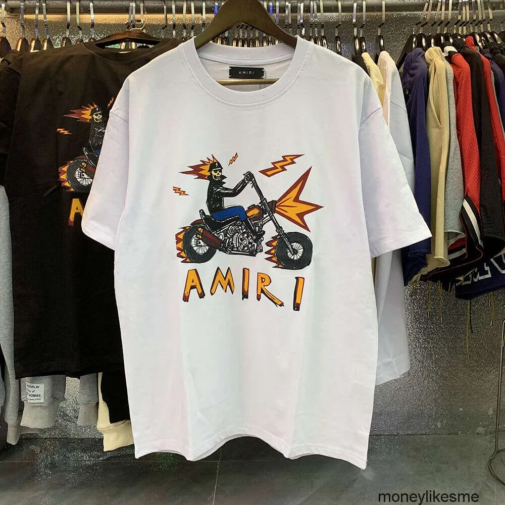 Abbigliamento di moda T-shirt firmate da uomo T-shirt Moda americana Amires Nuova moto Teschio Fantasma Cavaliere Stampa T-shirt a maniche corte in cotone doppio filato di alta qualità da uomo