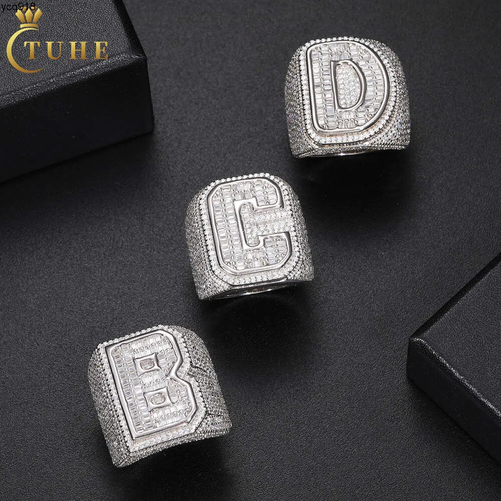 D vvs Moissite Baguette Custom Ring Initiales A-Z 26 Lettres Anneaux pour femmes Men Couple Nom Alphabet Nom Iced Out Hip Hop Bijoux