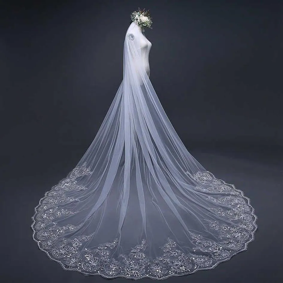 3 4 5 mètres blancs ivory Cathedral Wedding Veils Long Lace Edge Bridal Veil with peig accessoires de mariage Bride Veu Wedding Veil X0235Q