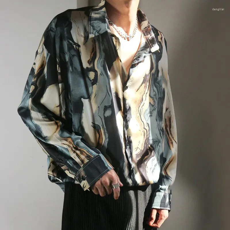 Mäns casual skjortor Autumn Vintage Silky Floral for Men Japanese Long Sleeve Print Shirt Loose Harajuku Hawaiian