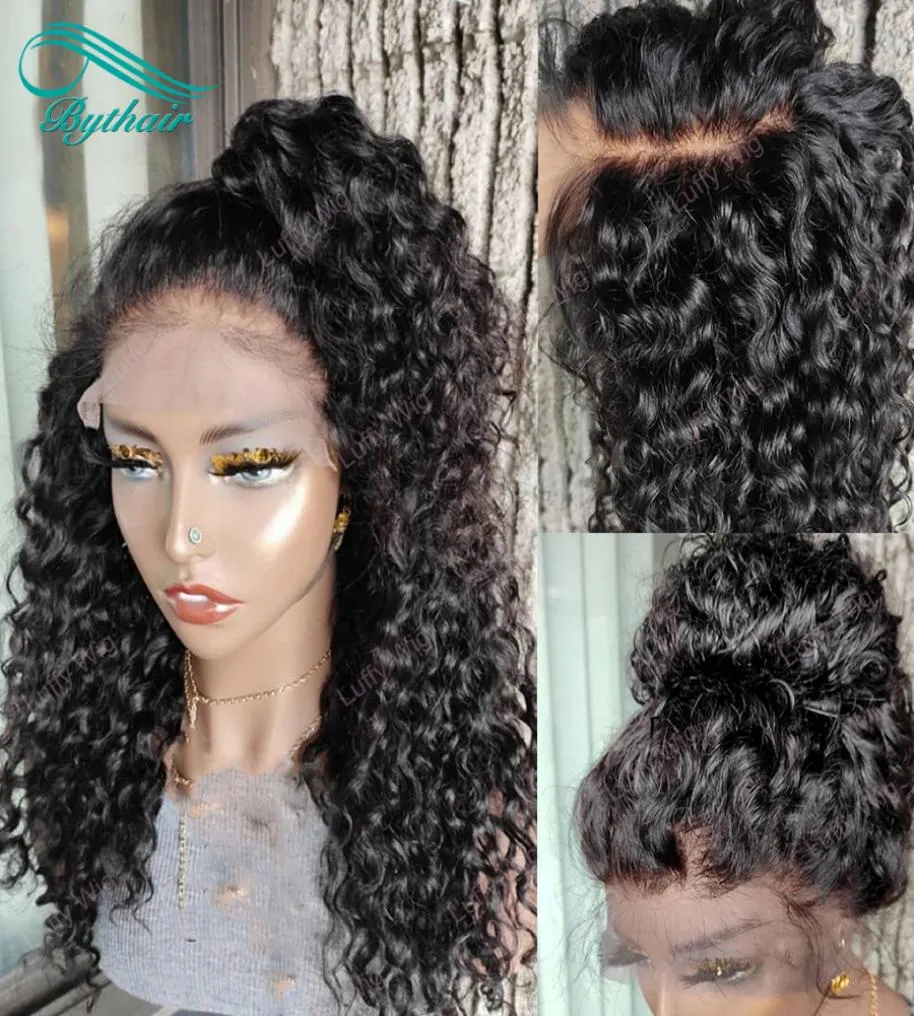 Bythair 13x6 HD Transparent Lace Front Human Hair Wigs Brazilian Long Curly Wig With Baby Hairs Pre Plucked Hairline Natural Black6161697