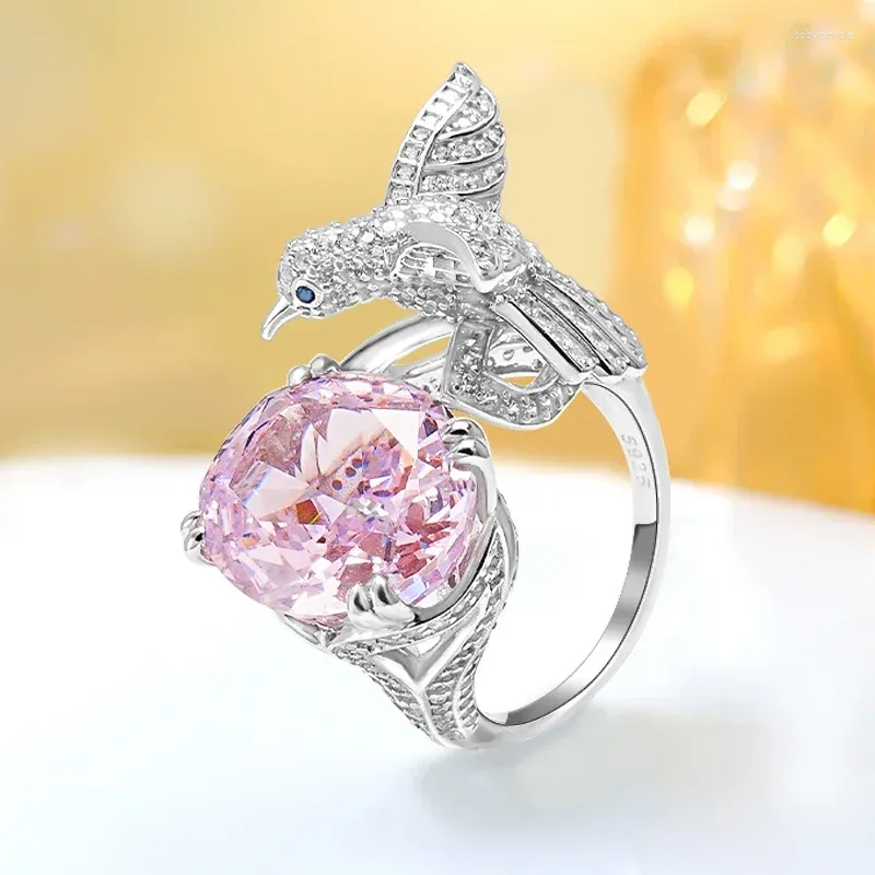 Cluster Rings Luxury Hummingbird Pink Diamond Sterling Silver Open Ring Set With High Carbon Versatile Fashion For Women
