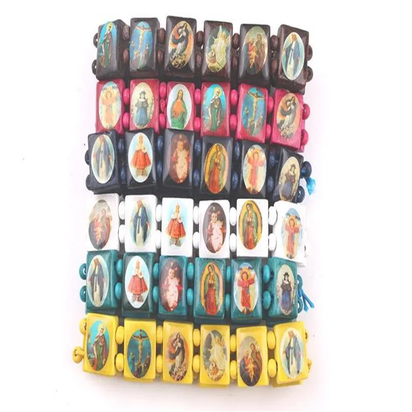 Frische Farben Heilige Jesus Armband Religiöses Holz katholisches Ikone Armband 12pcs266c