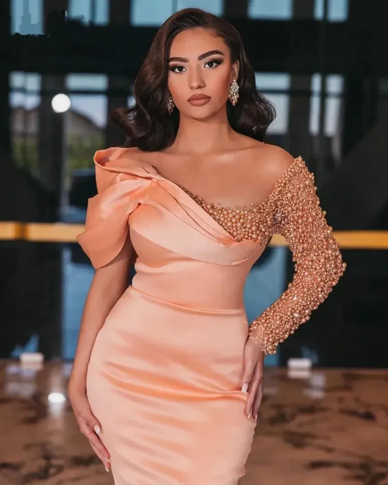Arabic Pink Mermaid Blush Pink Evening Dresses with Pearls and Beading, Long Sleeves, Satin Fabric, Sweep Train - Perfect for Formal Occasions, Proms,