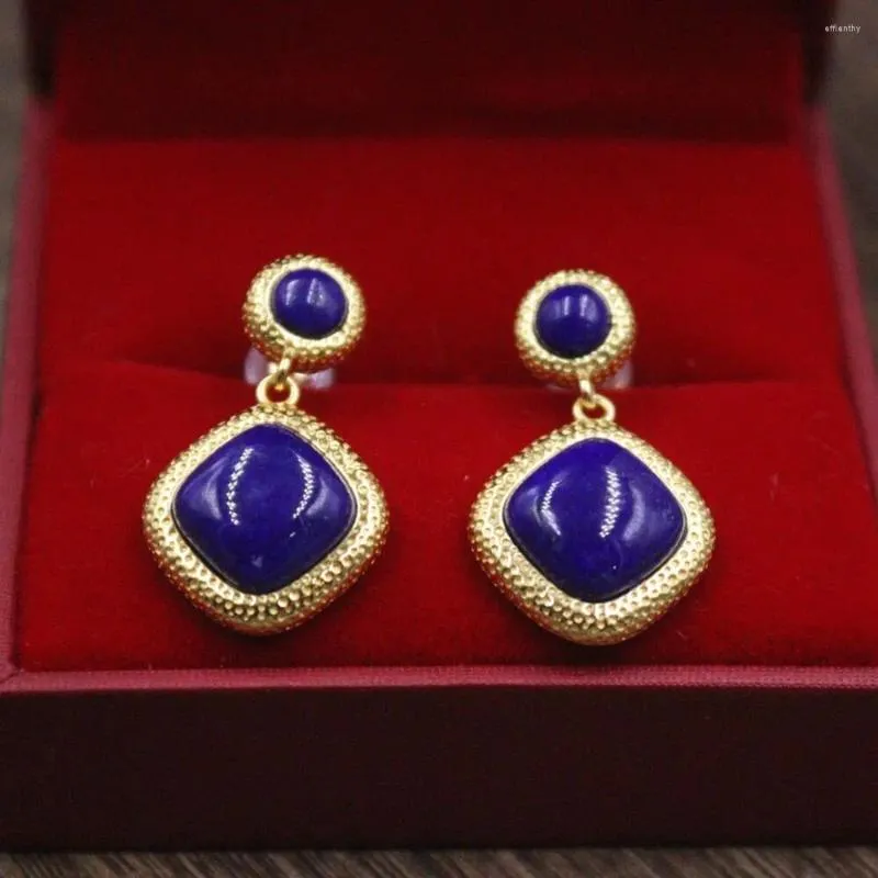 Dingle örhängen verklig S925 Sterling Silver Stud Women Lapis Lazuli Square Round