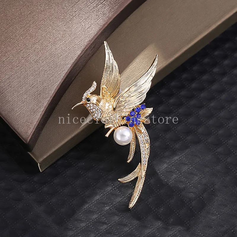 Female Simple White Crystal Cute Bird Brooches For Women Luxury Yellow Gold Color Zircon Alloy Pearl Animal Brooch Safety Pins