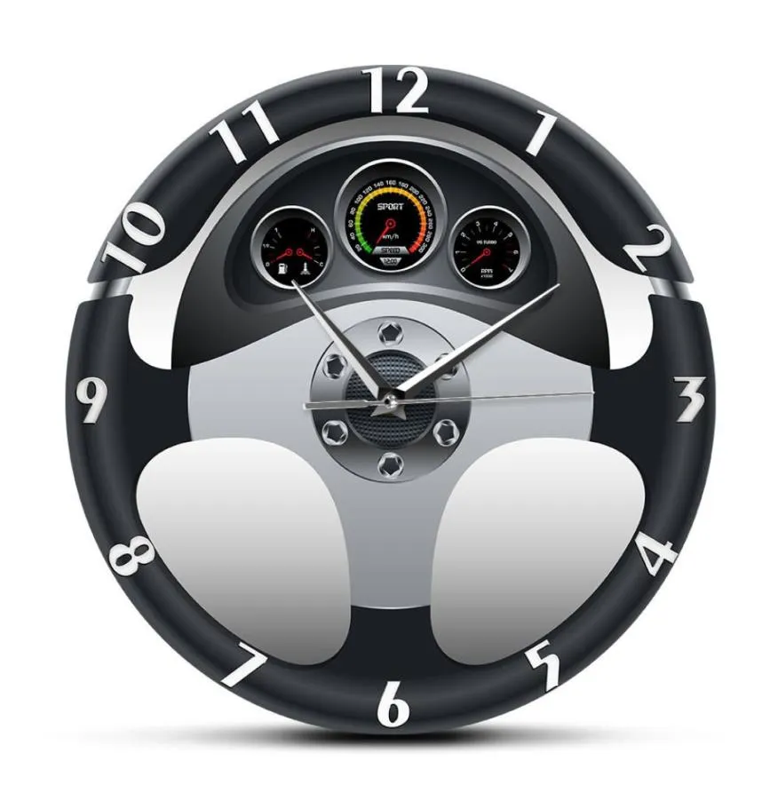 Рулевое колесо спортивного автомобиля и панель панели настенные часы настенные часы автомобильный художественный художественный декор.