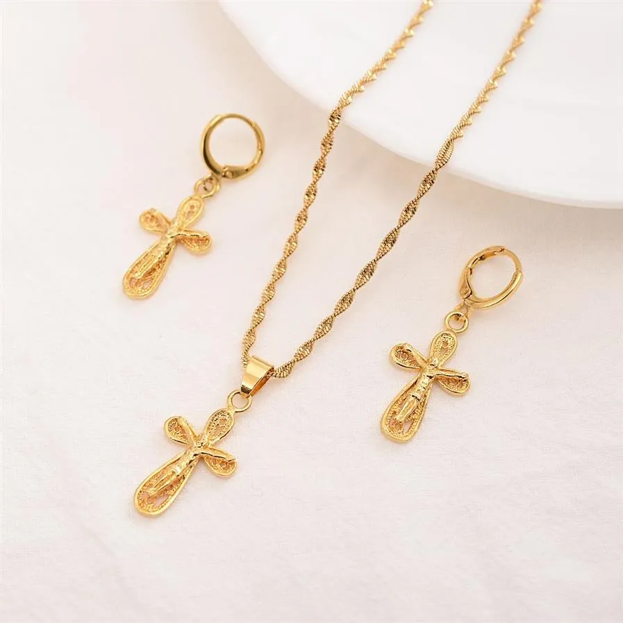 Jesus Cross Pendant Necklaces Earrings 18 k Fine Yellow Gold Filled Egyptian Sets Women Egypt Hieroglyphs Charm Jewelry219J